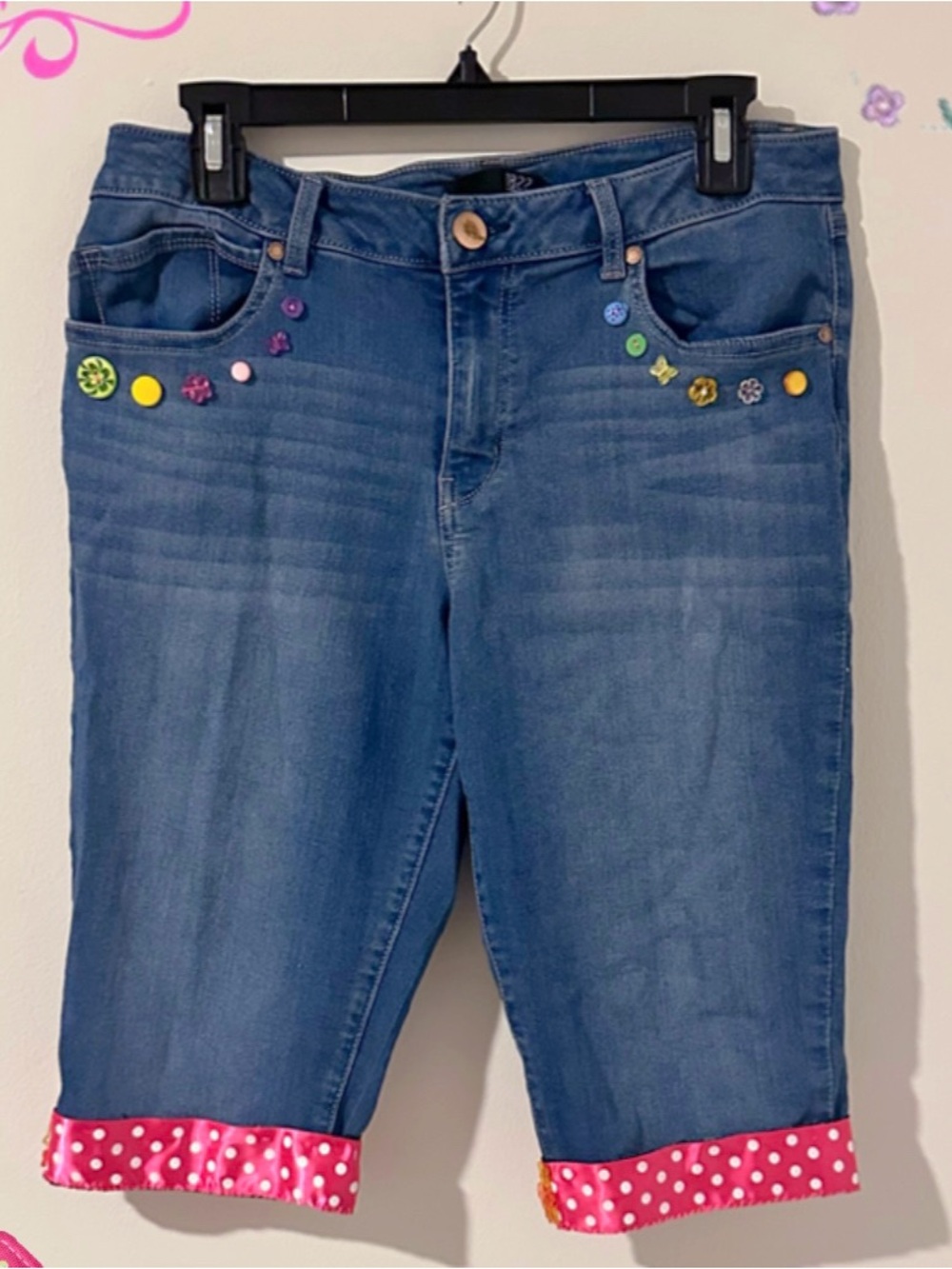 1822 Denim Blue Cropped Jeans with Polka Dot Cuff and Multicolor Studs